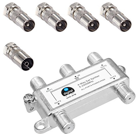 HB-DIGITAL SAT - BK - UKW - Verteiler 4-Fach Splitter (4-Wege) 5-2400 MHz * digital & analog - tauglich * voll geschirmt SAT DVB-S DVB-S2 FM UKW Kabelfernsehen DVB-C inkl. Kabel IEC Adapter