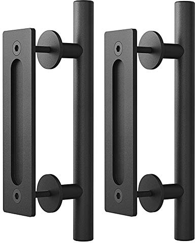 (2 Pack) Haritoft 12 Sliding Barn Door Handle Pull and Flush Hardware Set, Flat Back-Plate Design, Rustic Black