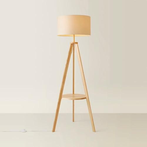 MiniSun | Modern Light Wood Tripod Design Floor Lamp with Storage Shelf and Cream Shade | Floor Lamps & Torchieres, Home Décor & Improvement Essential | Includes 6W LED Bulb [3000K Warm White]