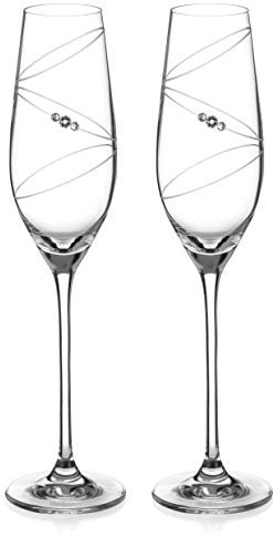 DIAMANTE Champagne Flutes Prosecco Glasses Pair with ‘Ring’ Hand Cut Design Embellished with Crystals