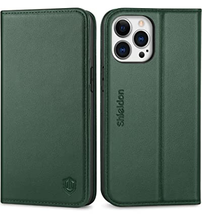 SHIELDON Rindsleder Hülle für iPhone 13 Pro 6,1, Nachtgrün | RFID-Sperre, Kartenfach, Standfunktion, Stoßfeste TPU Handyhülle, Schutz Lederhülle, Magnet Klapphülle
