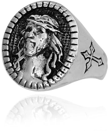 PikaLF Anello testa di Gesù per gli uomini, anello croce cristiana cattolica, anello con sigillo di Gesù vintage, anello amuleto religioso retrò, battesimo cristiano cattolico gioielli regalo (14)