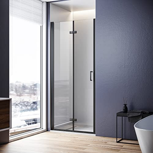 Sonni Mamparas de Ducha Frontales Negras Puerta Plegable 90x195 cm, Cristal ESG Templado de 6mm con Recubrimiento Nano