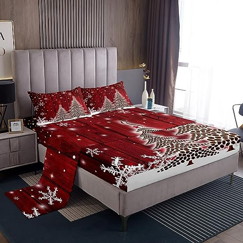 Set di lenzuola natalizie per letto matrimoniale, motivo chicchi di caffè, decorazioni per albero di Natale, per bambini e adulti, colore rosso bordeaux, con lenzuolo piatto in legno con angoli