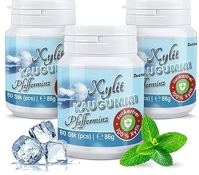 Xylit Kaugummi - Tschüß Karies: 240 zuckerfreie Zahnpflegekaugummi - 100% Xylit, ohne Aspartam, vegan - angenehmer Atem & frischer Mund - Pfefferminz-Geschmack (3 Dosen)