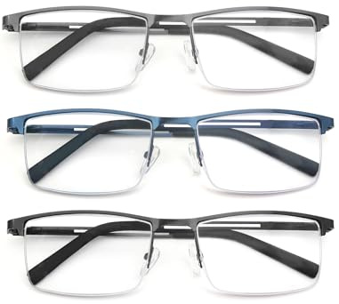 MODFANS 3 Pack Reading Glasses Men Blue Light Blocking Metal Frame Rectangle Semi Rimless Style Stainless Steel Material Readers Glasses Black Grey Blue