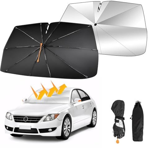 Oziral Auto-Sonnenschutz für Windschutzscheibe 360° Drehbar Faltbar Auto-Sonnenschutz Regenschirmschwanz mit Federfaltung Geeignet für Sonnenschutz für Frontscheibe UV-Schutz, 140 x 74 cm(55*29 Zoll)