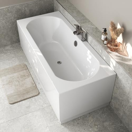Baystone 1800 x 800mm Double Ended Straight Bath White Gloss Soaking Bathttub, Acrylic Baths for Bathrooms, Straight Curved, Adjustable Feet, Side Panel Included