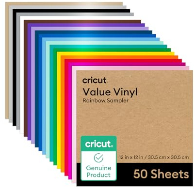 Cricut Value Permanent Vinyl - 50ft Rainbow Sampler, 12in x 12in Sheets (50 Count)