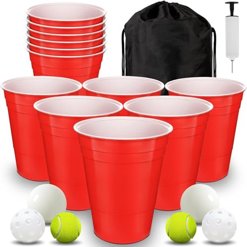 Giant Yard Pong Game Set Durable Giant Cups with Inflatable Pong Balls Pump and Carrying Bag Giant Pong Set for Indoor and Outdoor Lawn, Beach Camping or Backyard Christmas Party (Red)
