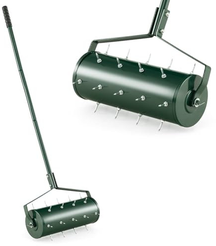 GOPLUS Rasenbelüfter, Handvertikutierer mit Stiel & 3,4cm Nägeln, rollender Aerifizierer, manueller Vertikutierer, Bodenbelüfter für Garten, Hof, Terrasse (45 x 130 cm,Grün)
