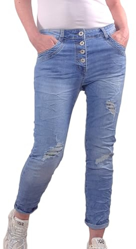 Karostar Dam stretch jeans | Boyfriend byxor med dekorativ knapplist | Destroyed denim byxor