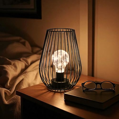 TRIROCKS Batteriebetriebene Lampe aus Metall 21 cm Hoch Kabellose Tischlampe in Käfigform Batterielaternen mit Warmer Lichterkette für Desktop Schlafzimmer Terrasse Nachttisch Drinnen Draußen(Schwarz)