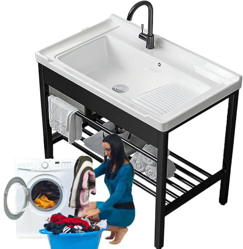 ÉVier Autoportant ExtéRieur, éVier à Linge Autoportant en Plastique avec Planche à Laver, éVier Utilitaire ExtéRieur IntéRieur, Station Lavage D'éVier de Pente, pour Buanderie, Garage,71x48x83cm