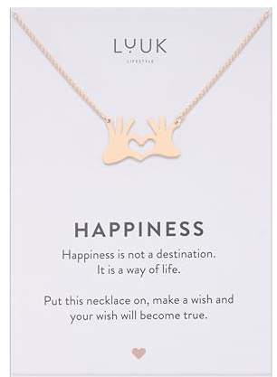 LUUK LIFESTYLE Collar con colgante manos en forma de corazón y de acero inoxidable tarjeta frase HAPPINESS (50 cm), cadena resistente al agua, joyería minimalista, regalo para mujer, oro rosa