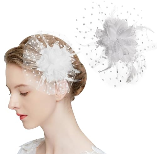 MWOOT Feder Blume Haarspange, 1920er Fascinator Feder Schleier Haarnadel für Damen, Weiß Blumen Mesh 20er Jahre Haarschmuck für Karneval Halloween Cocktail Hochzeit Tee-Party Accessoires
