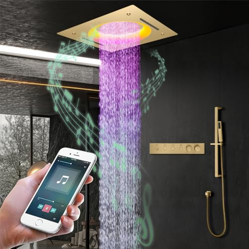 Columna ducha,Oro cepillado Conjunto de ducha termostática,Con el cabezal de ducha de 550 x 550 mm tiene,3 modos de ducha,Juego de ducha,Empotrada con luces LED y música