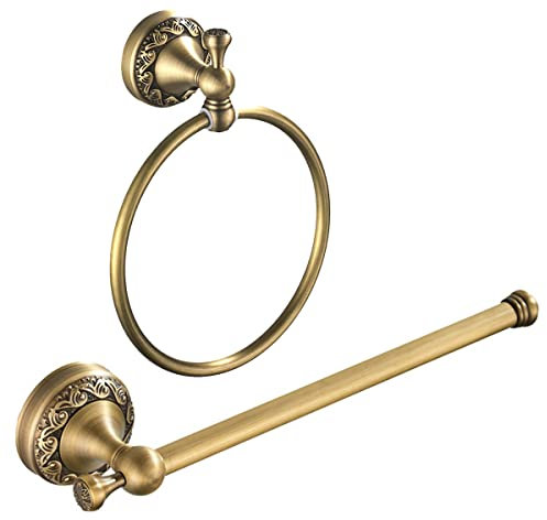 Badezimmerzubehör-Set aus Messing, 2-teiliges Handtuchring- und Handtuchhalter-Set, 29 cm Handtuchstange und 18 cm Handtuchring, Wandmontage für Badezimmer, Küche, Bar, Antik-Messing-Finish