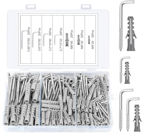 210 Stück L-Haken, Schraubhaken L-Form, Schraubhaken mit Expansionsrohr, 4 Größen Wandhaken, Verzinkt Rechtwinklige Schraubhaken, Schraubhaken Gerade mit Schlitz für Haus Arbeitsplatz Büro Aufhängen