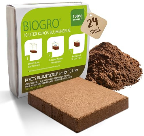 BioGro® Kokoserde gepresst im Quellbeutel - Biologisch abbaubare, torffreie Blumenerde aus Kokosfasern ideal als Anzuchterde (10 Liter, 24 Stück)