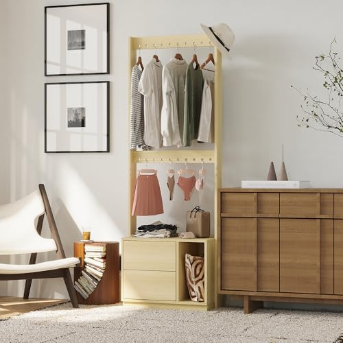 PREMTURE Coat Rack Stand, Clothes Hanging Rail with 2 Drawers & Open Shelf, Freestanding Clothes Rack with Hook Holes for Living Room, Hallway, Entryway, Natural, 40D x 60W x 175H cm