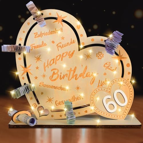 DIY 60 Geburtstag Mann Frau,Geldgeschenke Geburtstag 60,Geschenk 60 Geburtstag Mann,Geldgeschenke LED Holz-Schild GäStebuch,Geburtstag Deko Kreatives Geld Geschenk 18 40 50 60 70 DIY