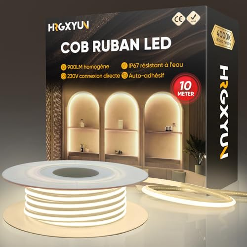 HRGXYUN 230 V COB Cinta LED exterior, 240 LEDs IP67 impermeable autoadhesiva, tira LED 900 LM sin transformador flexible para dormitorio, cocina, exterior, decoración, 4000 K, color blanco neutro, 10