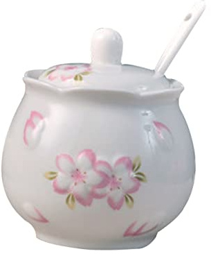 Sosoport Tarro de Cerámica para Especias y Azucarero 245 Ml con Tapa y Cuchara, Diseño Relieve Flor de Cerezo, Almacenamiento Cocina Multifunción, Uso Doméstico