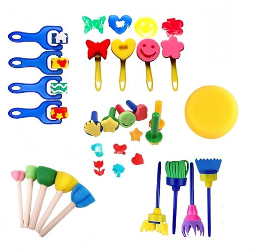 Alfven Alfven Esponja de Pintura Cepillos, 24 Piezas Kit de Cepillos de Pintura de Esponja Herramientas de Pintura Manual DIY para Niños Pintura Artesanía y Bricolaje