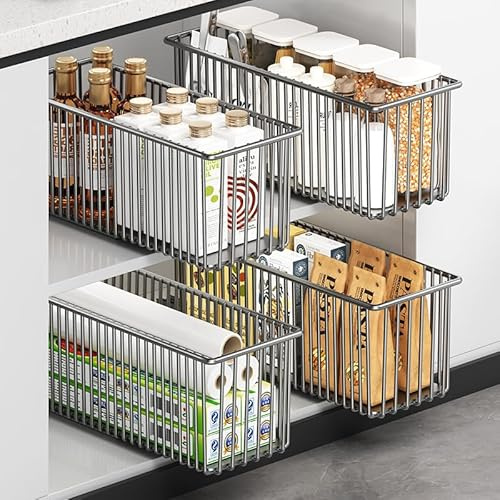 KEXIBO 4er Set Ausziehbare Schublade Küche Schmal 15,3cm, Teleskopschublade Ohne Bohren, Nischenregal Schrankauszug, Küchen Schrank Organizer rahmenlos, Schwarz, 41cm Tiefe