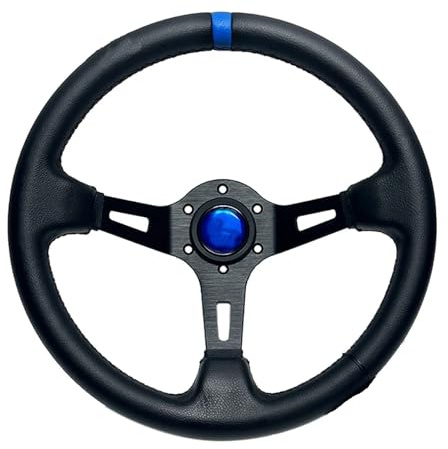 Volante universale in pelle da 330 mm, con piatto profondo, resistente, con strumenti, compatibile con la maggior parte delle auto, aggiornamento sportivo aftermarket (blu)