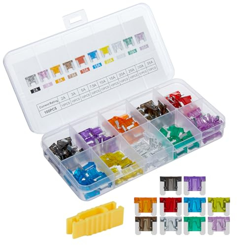 Mehdingna 100 Pcs Low Profile Mini Fuse Kit - Professional Blade Fuses Automotive for Car, Truck, RV, Boat with Fuse Puller (2A 3A 5A 7.5A 10A 15A 20A 25A 30A 35A)
