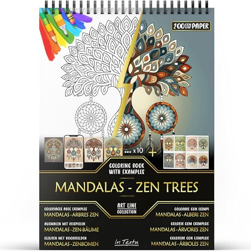 In Textu – Mandalas - Zen Trees – Målarbok för Vuxna och Tonåringar med Inspirerande Färglagda Exempel – Premium Papper 200 g/m² – Tunn Spiralbindning – Avkopplande och Meditativ Målarbok