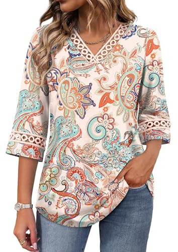 WIHOLL Womens 3/4 Sleeve Tops Ladies Blouses UK Eyelet Lace V Neck T Shirts Office Wear