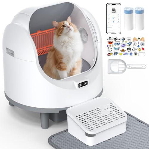 Offenes, Katzenklo Selbstreinigend für große Katzen (10 kg), XL Automatische Katzentoilette, 2 Rollen Müllbeutel, Geruchskontrolle, 10 Sicherheitssensoren, leise Roboter-Toilette für Katzenklo