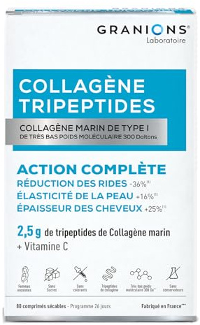 GRANIONS COLLAGENE MARIN TRIPEPTIDES 2,5g - Collagene Marin Tripeptides Anti Rides (-36%) + Élasticité Peau (+16%) - Vitamine C - Beauté Peau & Cheveux - Fabriqué en FRANCE - Sans Sucre -80 Comprimés