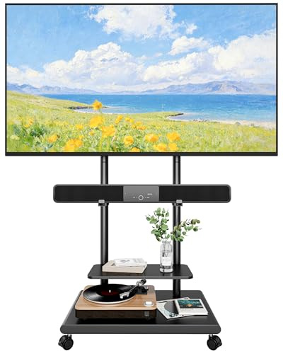 ECOTINY TV Stand on Wheels with Soundbar Mount for 37-75 inch TV up to 70kg | Height Adjustable Floor TV Stand with Wooden Shelf & Steel Base, Hold Up to 70kg, Max VESA 600x400mm