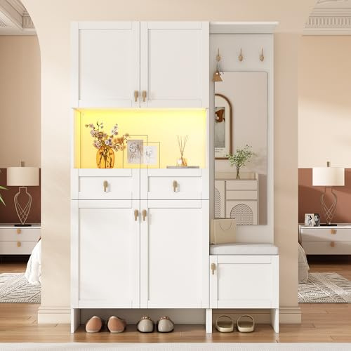 Bladez Garderoben-Set Weiß für Flur & Diele – Wandgarderobe mit Schuhbank, Schuhschrank, 3 Haken, 5 Türen, 2 Schubladen & Spiegel – LED-Beleuchtung, Modern All-in-One Flurmöbel, 120×180×33,5 cm