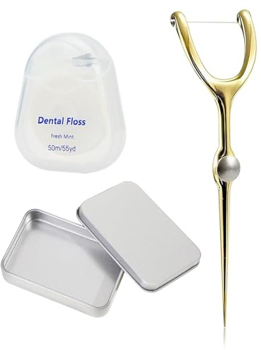 DAFNE 1 set di bastoncini in metallo per filo interdentale e filo interdentale,riutilizzabile,strumento per il filo interdentale per l'igiene orale da viaggio,con custodia portatile,oro