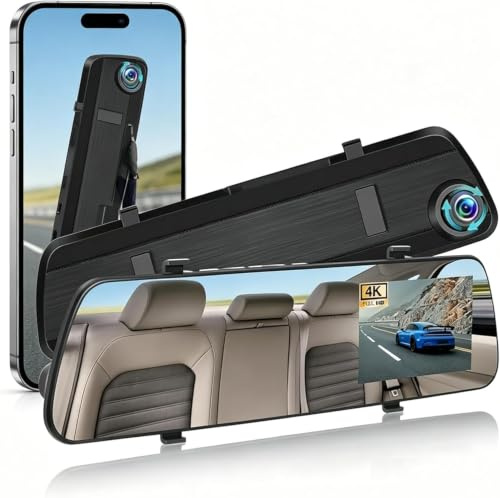6 4K Rétroviseur Dash Cam avec caméra de recul,1080P Full HD Rétroviseur, 5.8GHz WiFi, Avant et Arrière Double Lentille Dashcam Voiture, Aide au Stationnement