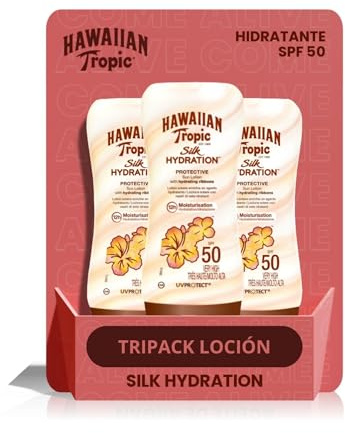 HAWAIIAN Tropic Silk Hydration Protective 3-pack SPF 50 skyddande solkräm med fuktgivande och vattentäta sidenband, format 180 ml