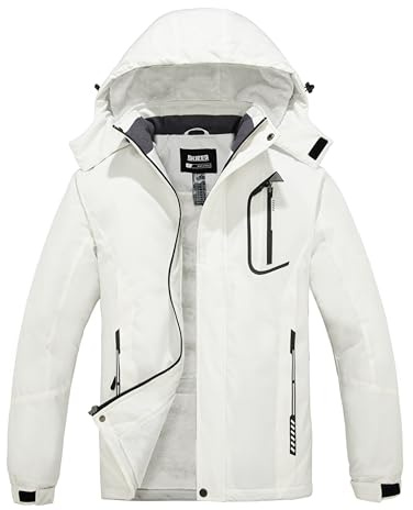 Skieer Men's Ski Jacket Hooded Fleece Lined Winter Coat Waterproof Snowboard Coat(White,Large)