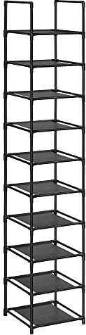 SONGMICS Schuhregal, 10 Ebenen, Schuhablage, Schuhaufbewahrung, schmal, 33 x 33 x 173 cm, Metallgestell, Ablagen aus Vliesstoff, für Flur, Schlafzimmer, schwarz LSR110B02