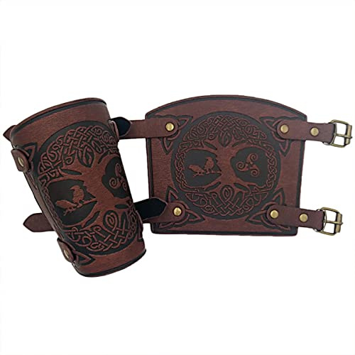 Thajaling Viking World Tree Geprägte PU-Leder-Armschienen, Handgefertigte Vollnarbenleder-Manschetten-Armschienen, LARP Zubehör Wikinger Armschienen, Mittelalterlicher Wikinger Handgelenkschutz