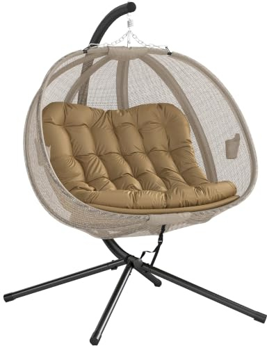 Outsunny Double Hanging Egg Chair 2 Seaters with Stand and Cushion Brown | Texteline Swing Hammock Chair, Folding Design, for Indoor and Outdoor