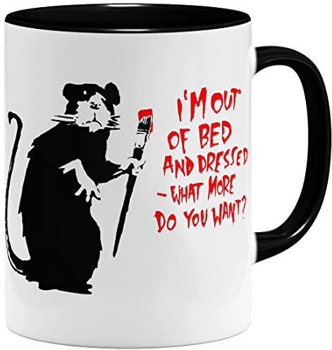 OM3® Out Of Bed Rat Banksy Tasse - Keramik Becher - 11oz 325ml - Beidseitig Bedruckt - Schwarz