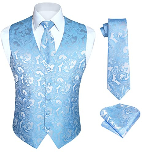 HISDERN Blaue Weste Herren Paisley Westen Floral Jacquard Krawatte Einstecktuch Einstecktuch Hochzeit Business Fit Weste Anzug Set L