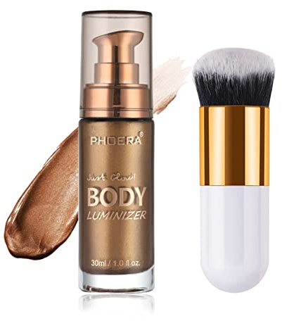 Body Shimmer Oil, Glistening Bronze Natural Glow Luminizer, Long Lasting Moisturizing Liquid Illuminator Highlighter Makeup for a Sun-Kissed Glow, Brush Include, 1oz, Medium