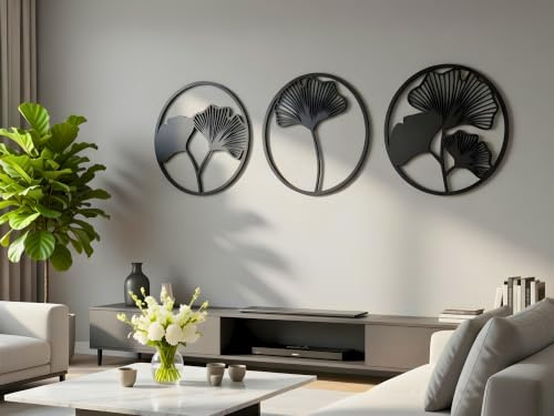 VAILLA Bilder Ginkgo Blätter Holz 3D – Wanddeko Wandbild Wohnzimmer Büro | MDF Sperrholz, Lasergeschnitten, Ginkgoblatt Botanik Japan, 5 Größen, Schwarz Silber Gold, personalisierbar, Esszimmer Flur