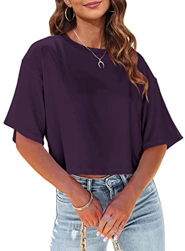 Tankaneo Crop Tops - Maglietta estiva da donna, a maniche corte, per il fitness, oversize, scollo rotondo, senza pancia, viola., M